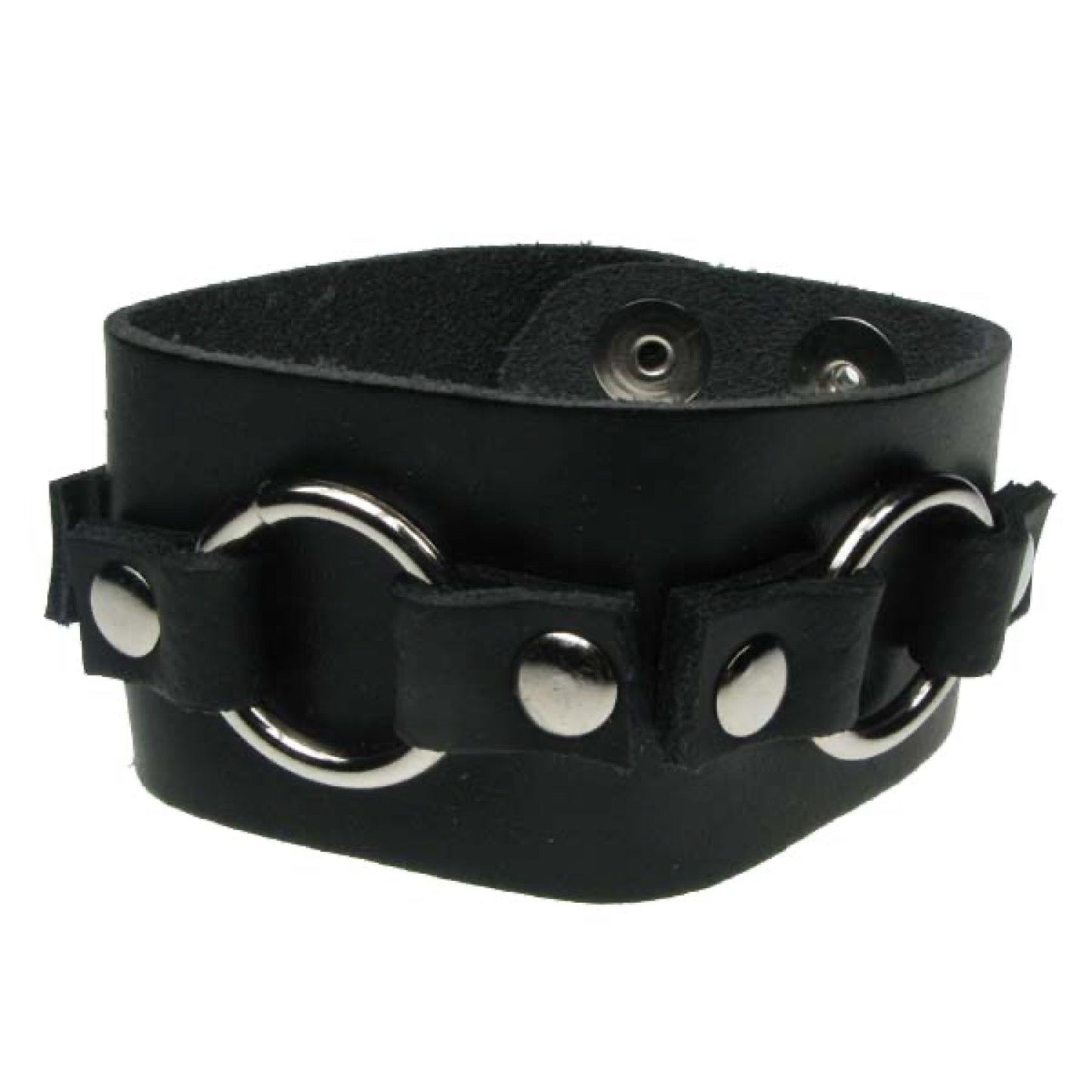 WB582 2 Row metal loop fitting (Buttoned) - Black Leather Wristband