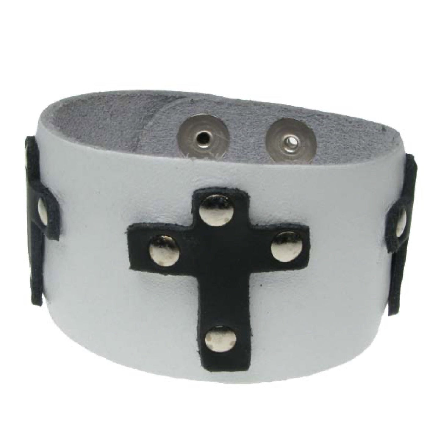 WB583 2 row leather cross with rivets (Buttoned) - White Leather Wristband
