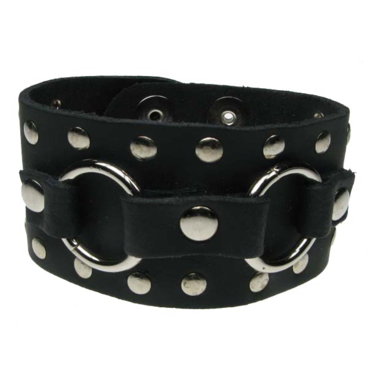 WB584 2 Row metal loop fitting with rivets on edges (Buttoned) - Black Leather Wristband