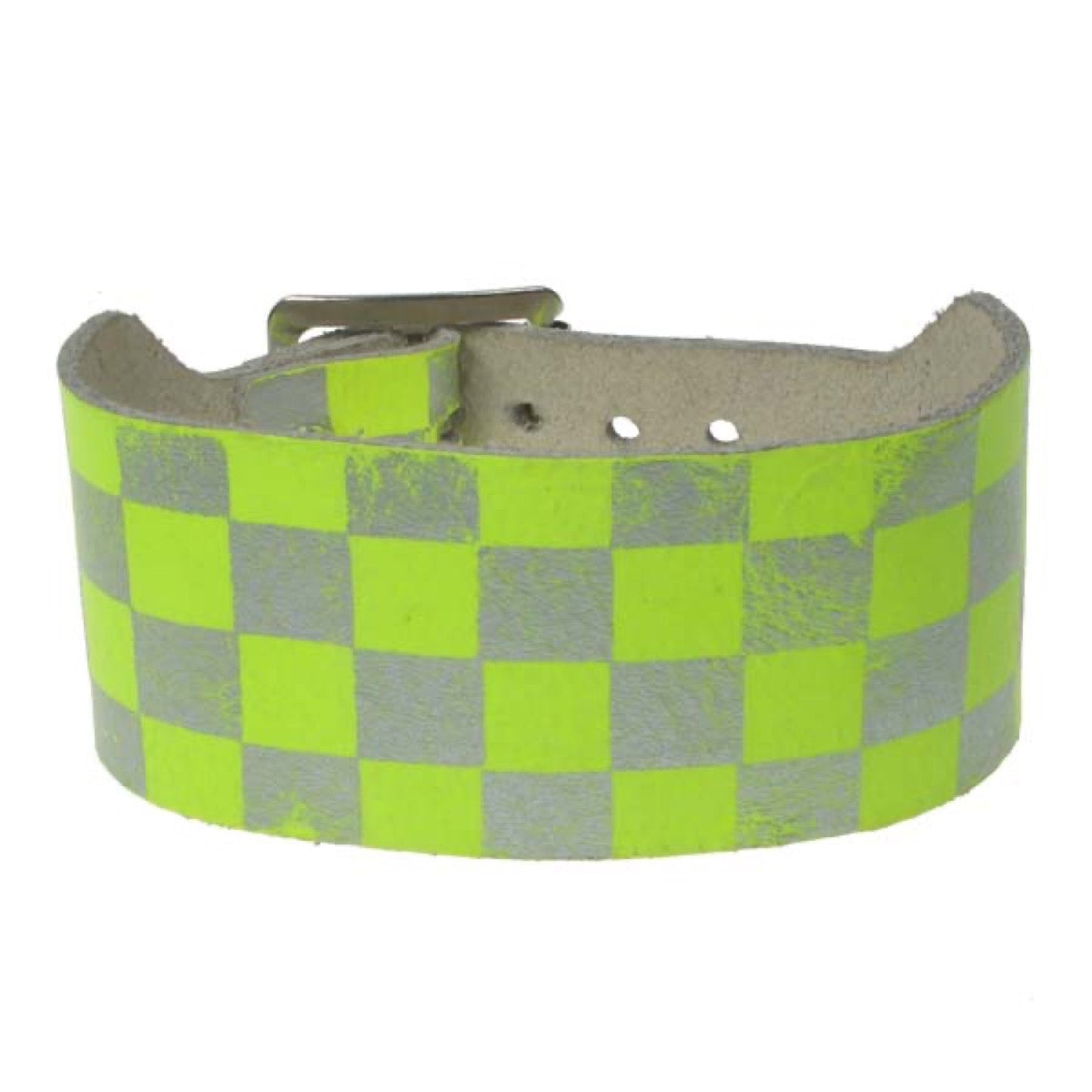 WB585 2 row checkered print yellow and silver Leather Wristband - F.Yellow