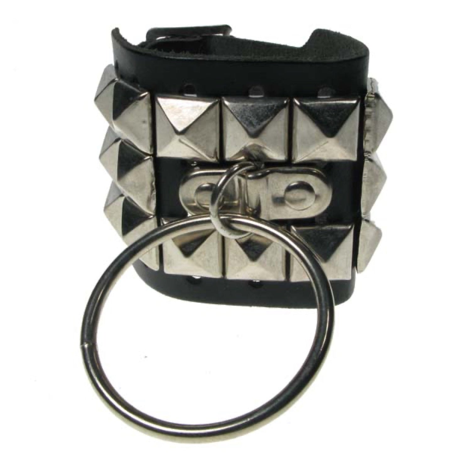WB594 3 row pyramid wristband with large ring Leather Wristband - Black