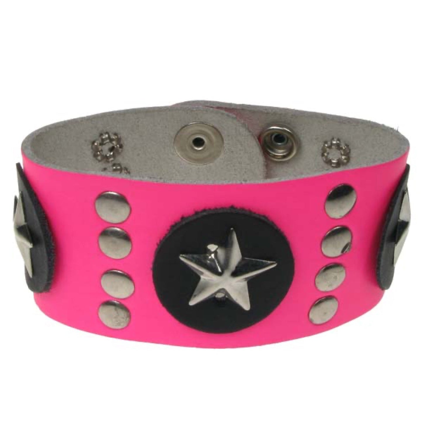 WB612 2 row buttoned wristband with stars and flat studs Leather Wristband - F.PINK