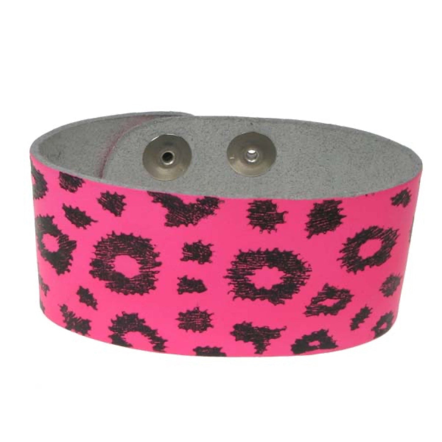 WB614 3 Row width Leopard print buttoned wristband Leather Wristband - F.Pink