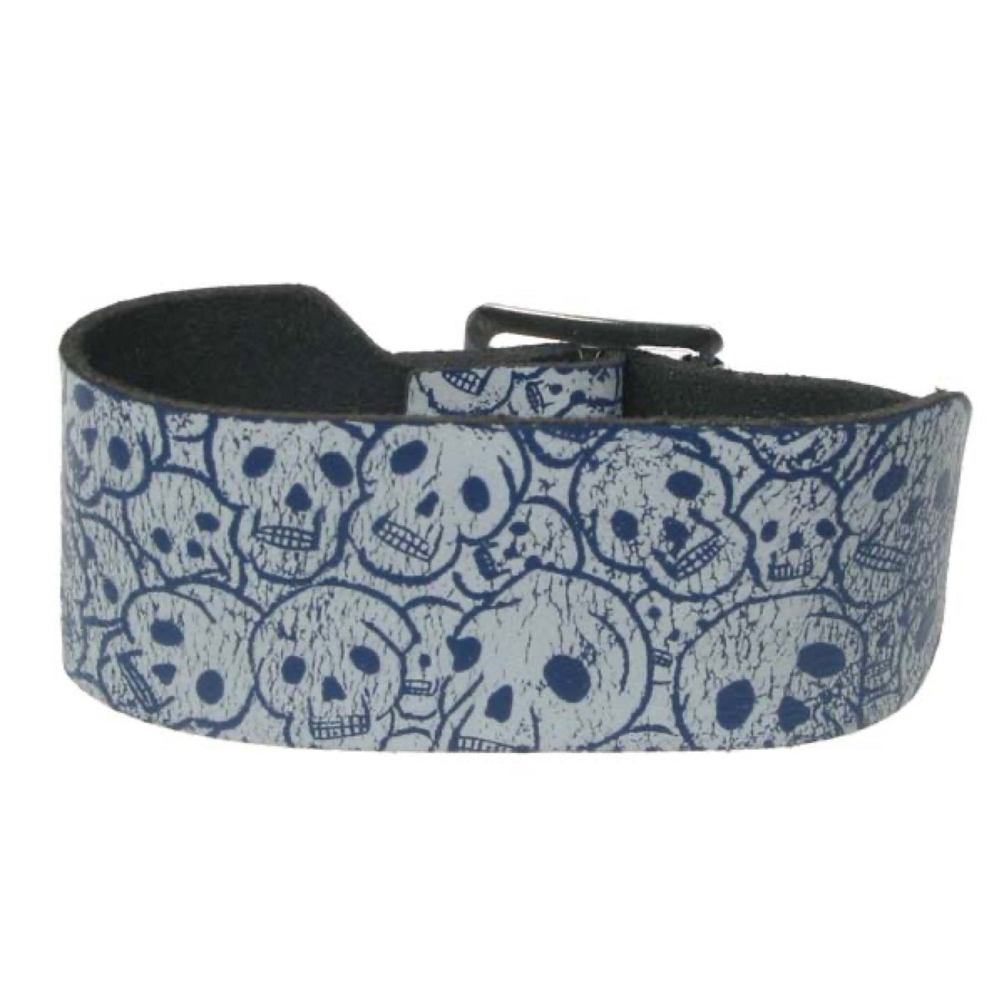 WB615 2 row skull print Blue Leather Wristband - Royal Blue