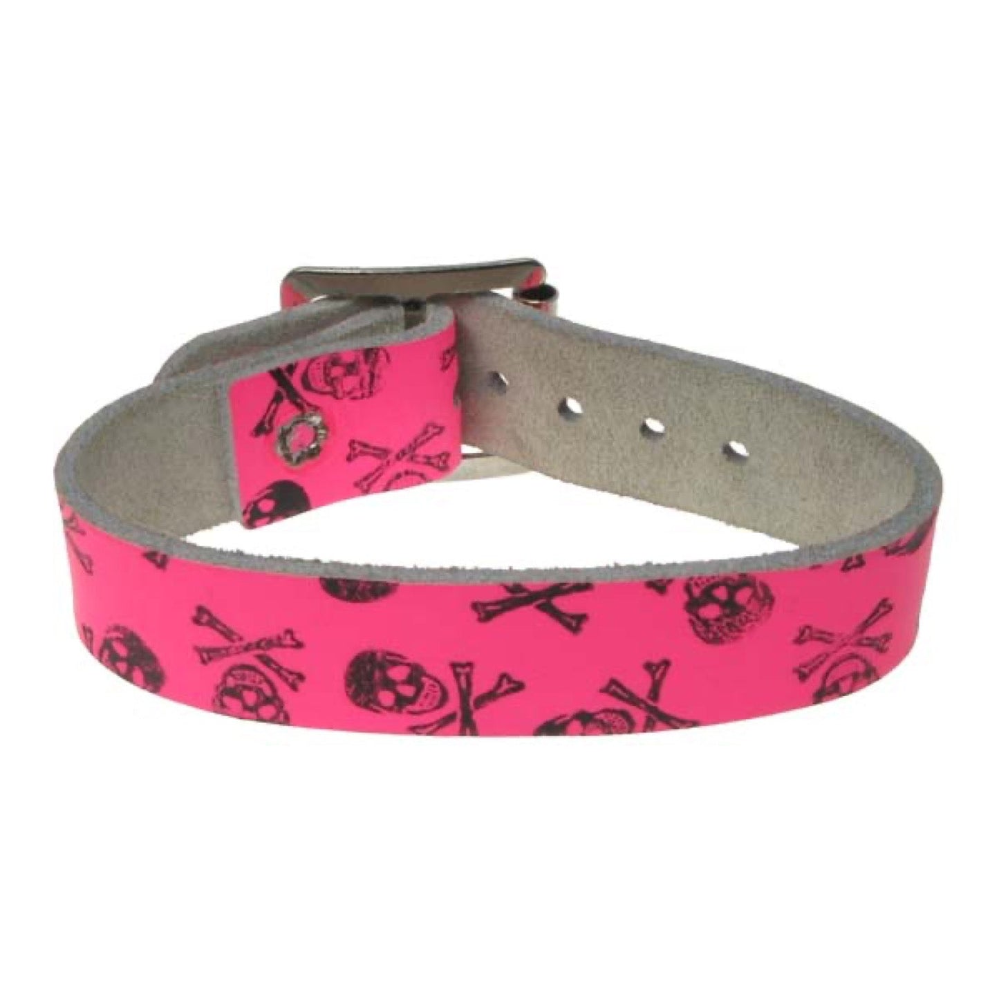 WB618 1 row skull and cross bone print florescent pink Leather Wristband - F.Pink