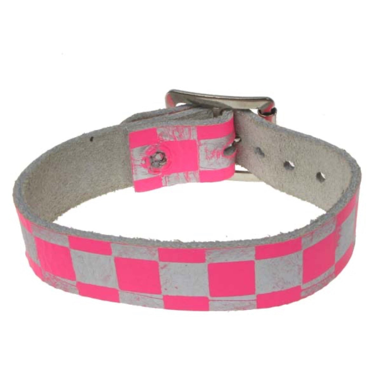 WB621 1 row checkered print pink and silver Leather Wristband - F.Pink