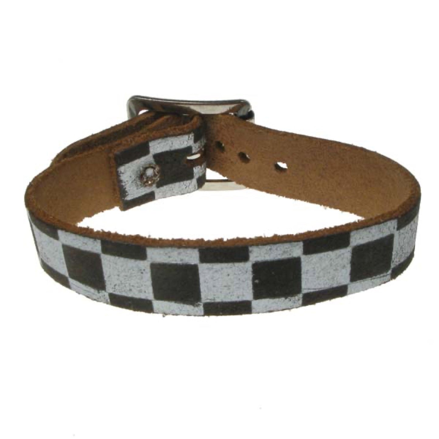 WB622 1 row checkered print brown and silver Leather Wristband - Brown