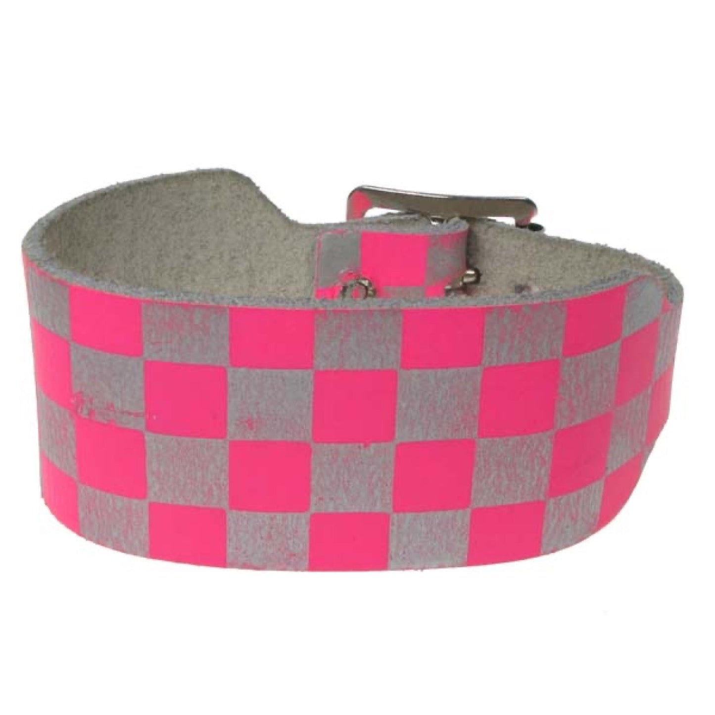 WB623 2 row checkered print pink and silver Leather Wristband - F.Pink