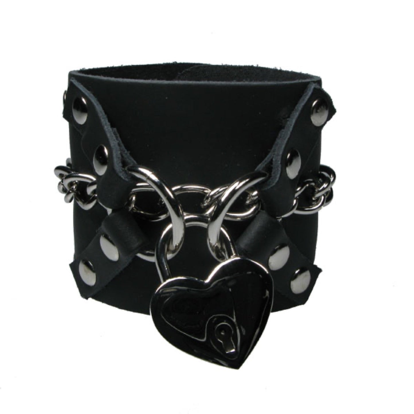 WB635 3 Row width Chain with Cross leather sections & Heart Padlock - Black Leather Wristband