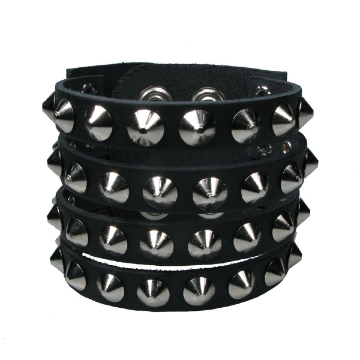 WB637 4 Row Conicals Buttoned, seperated sections - Black Leather Wristband