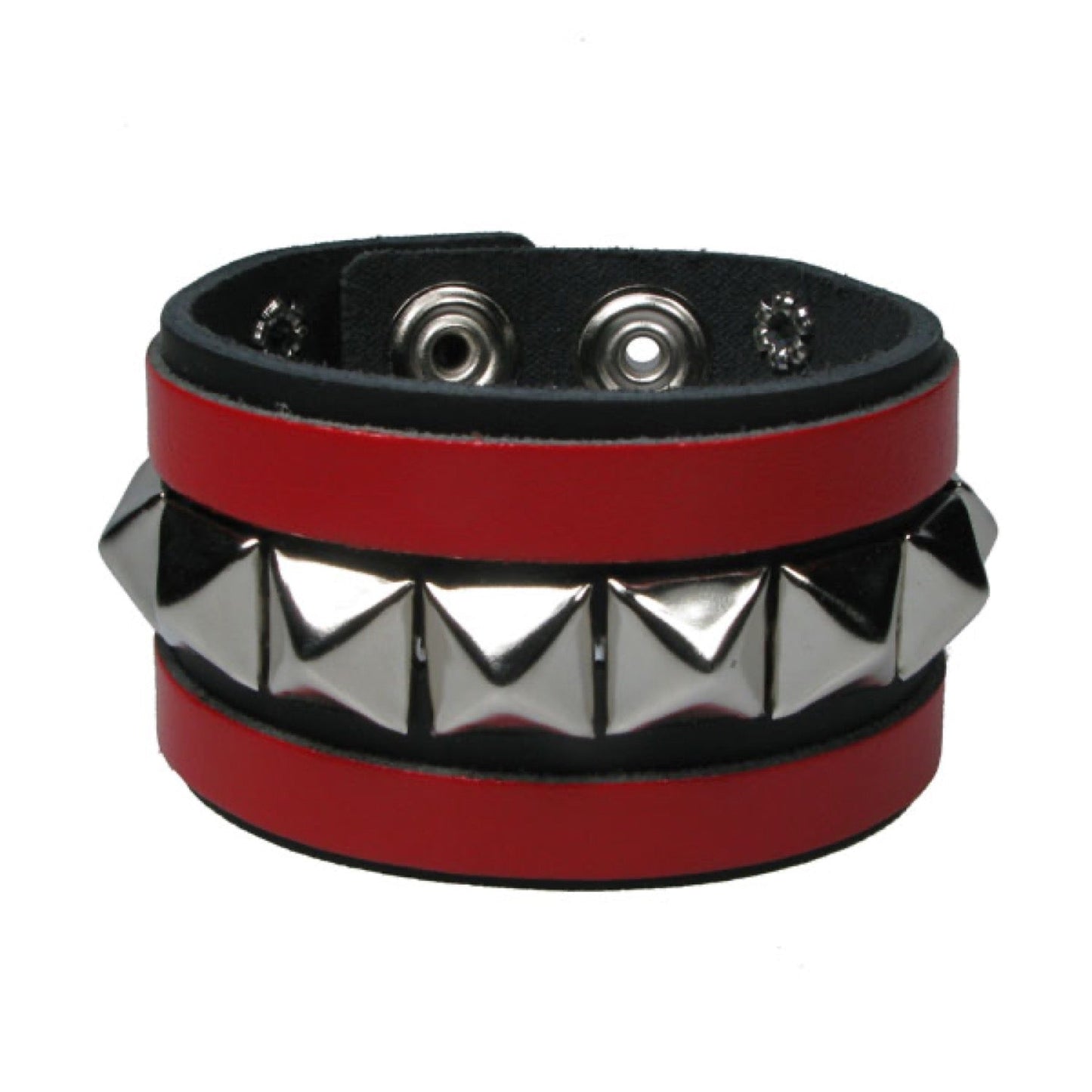 WB642 3 Row width 1 Row Small Pyramid with 2 Red strips - Black Leather Wristband
