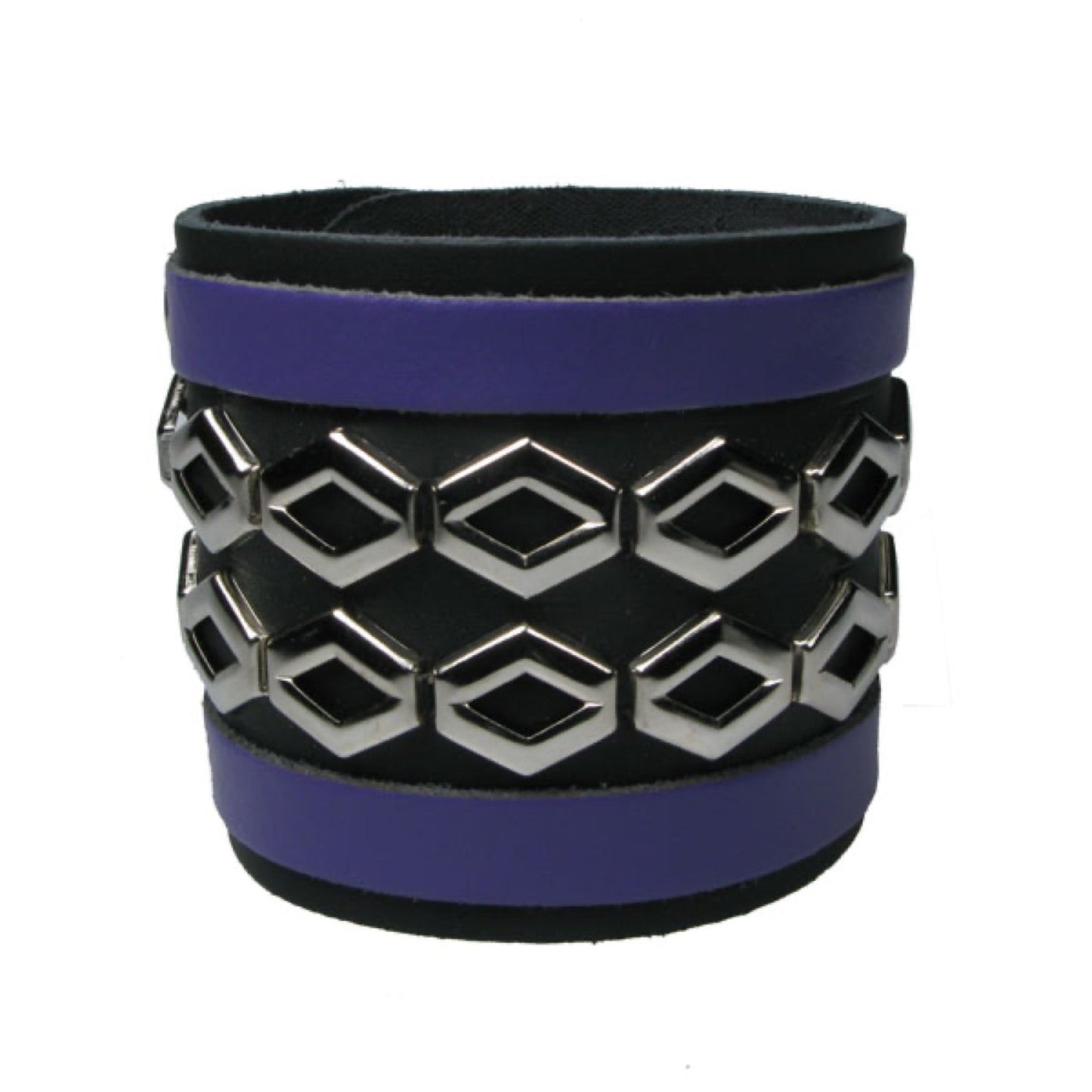 WB646 4 Row width 2 Row Diamond outline Fittings with 2 Purple strips - BLACK Leather Wristband