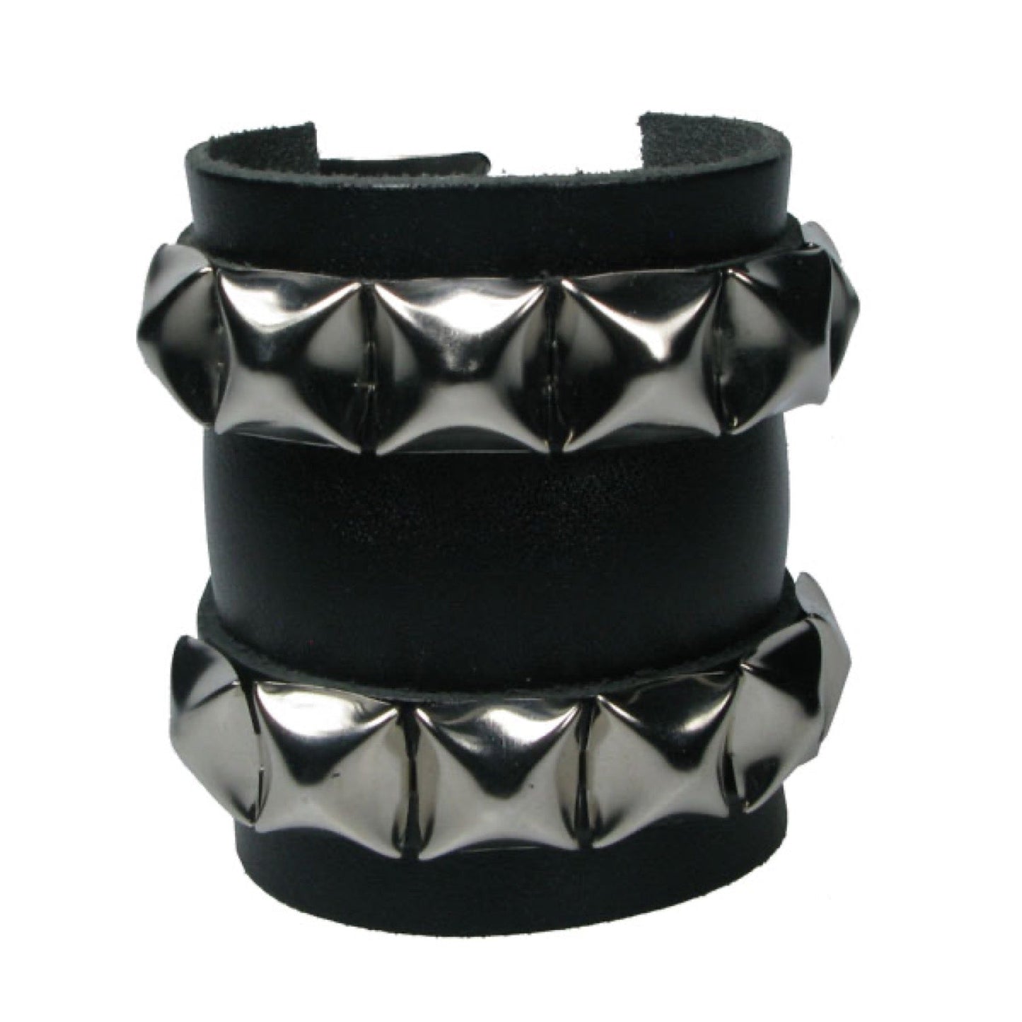 WB656 4 Row width 2 Strips of Leather with Pyramids - Black Leather Wristband