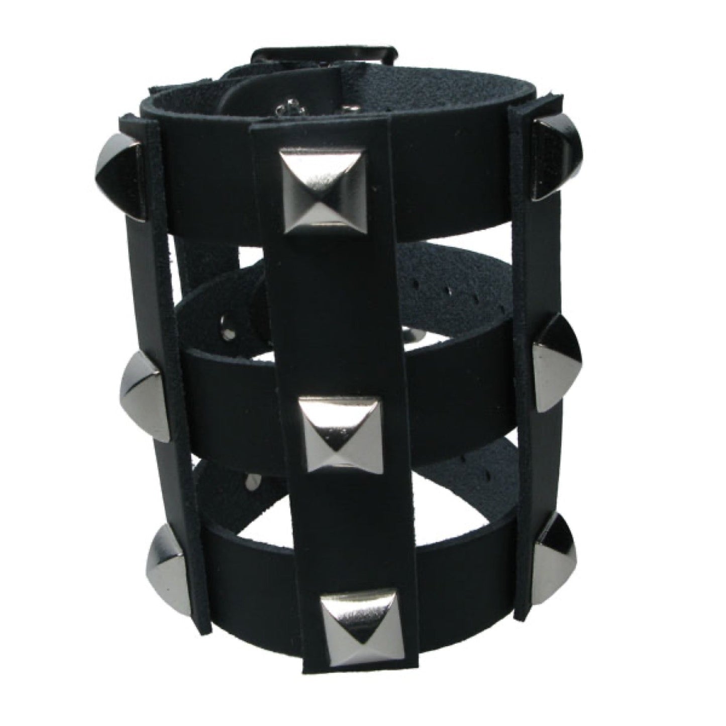 WB659 Leather Strip Connected - Pin Pyramid - Black Leather Wristband