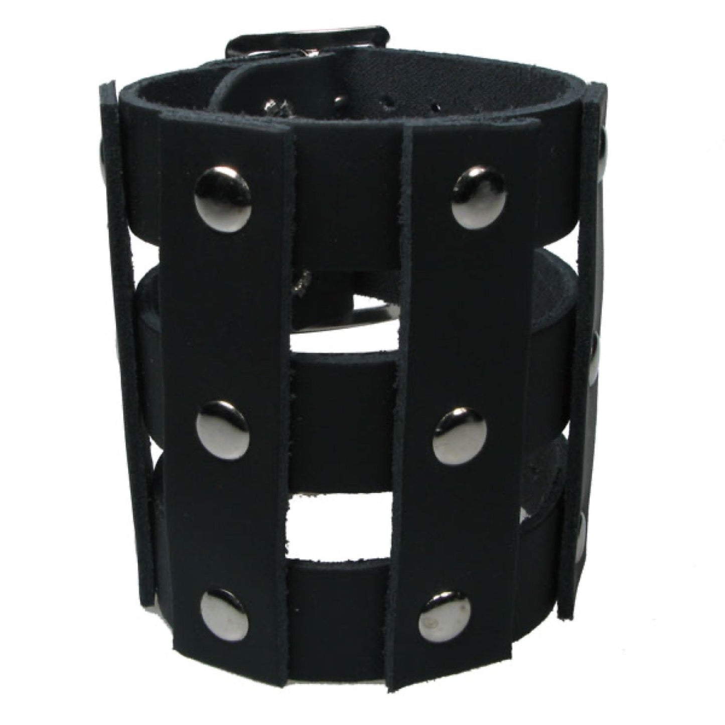WB660 Leather Strip Connected - Flat Rivets Black Leather Wristband
