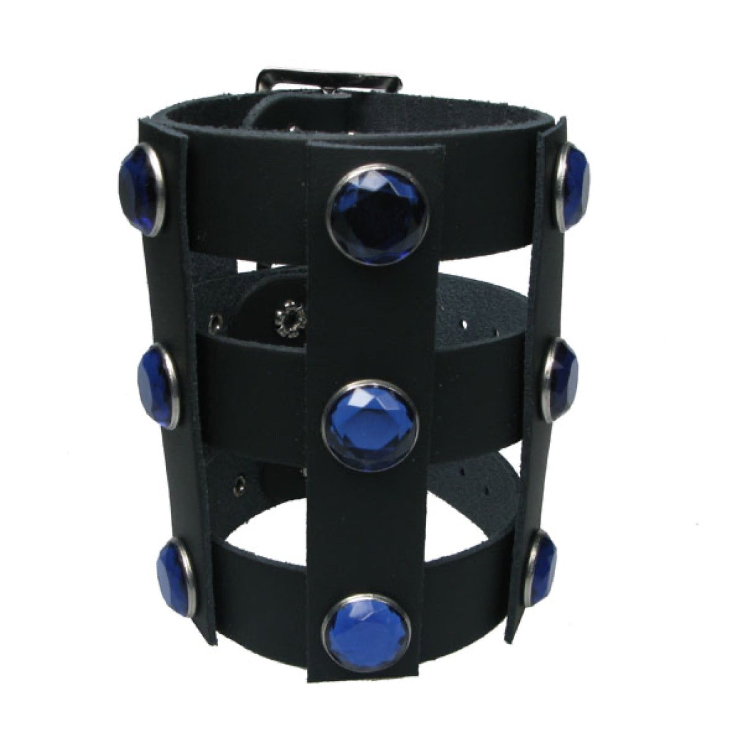 WB662 Leather Strip Connected - Large Blue Jewel - Black Leather Wristband