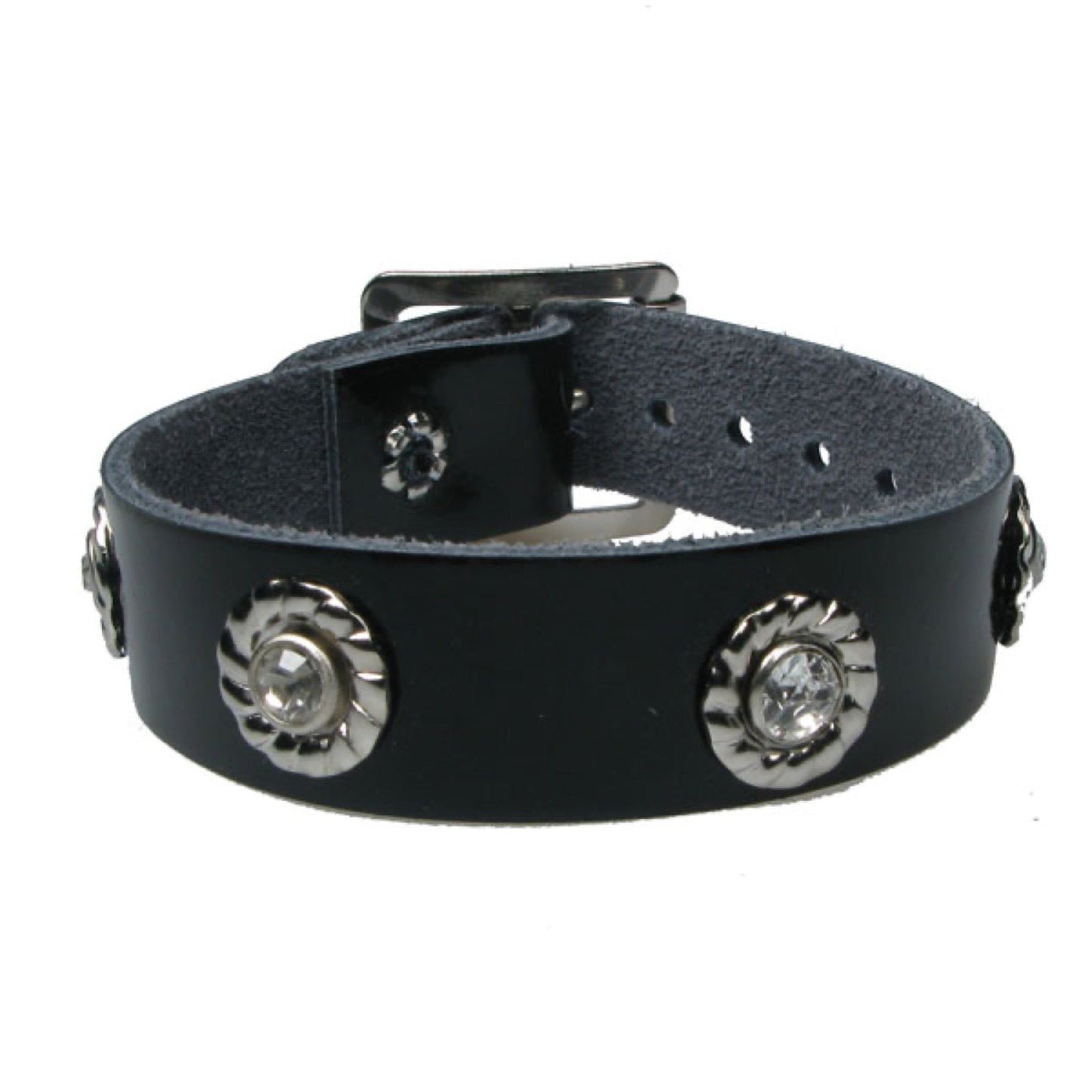 WB665 1 Row Clear Jewel - Black Leather Wristband