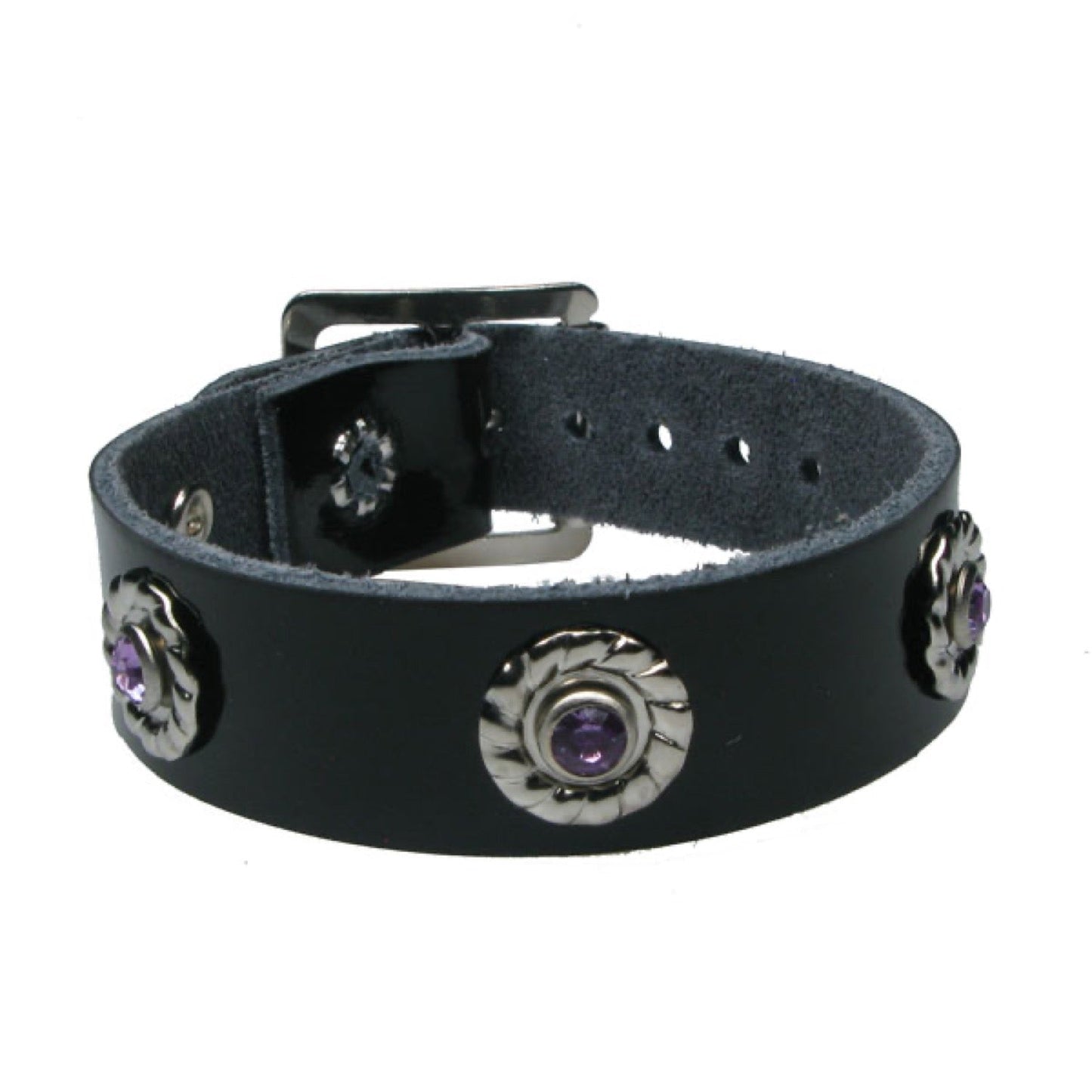WB666 1 Row Purple Jewel - Black Leather Wristband
