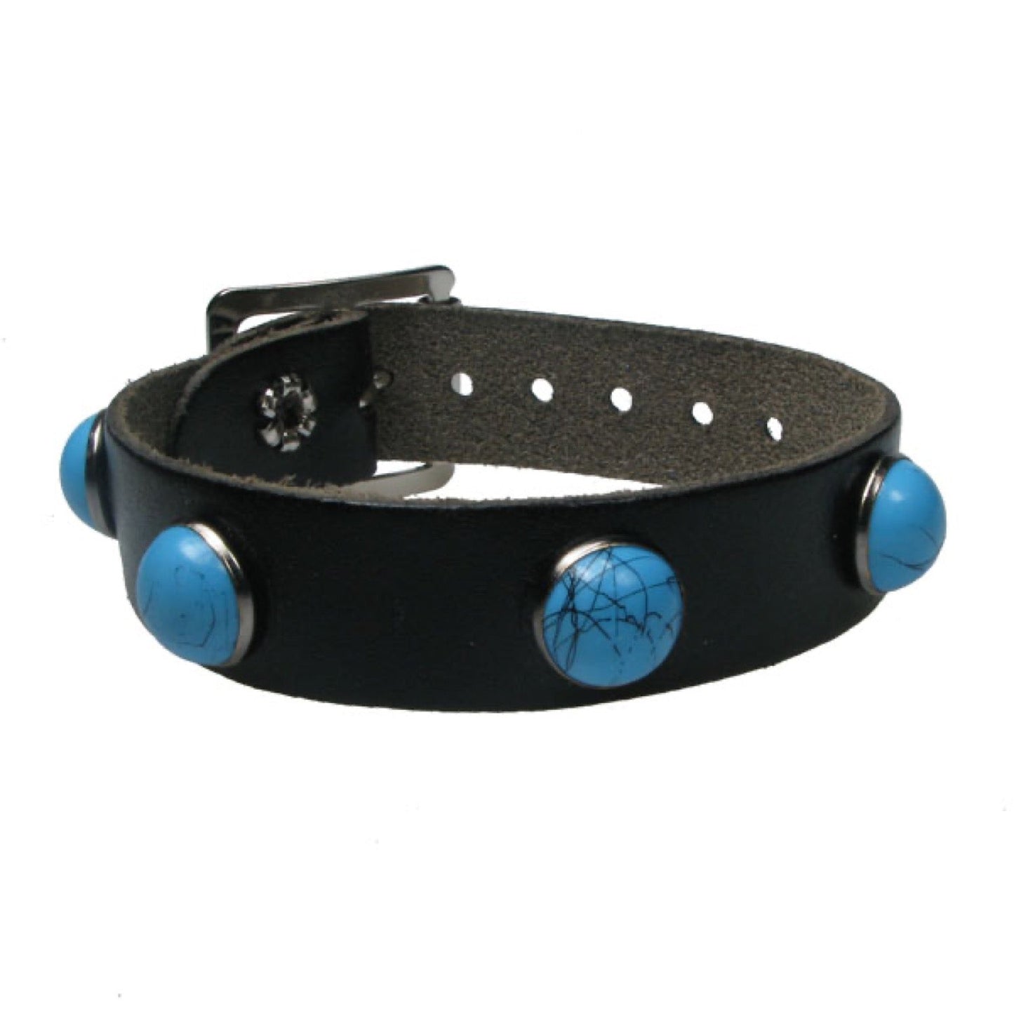 WB673 1 Row Large Blue Fittings - Black Leather Wristband