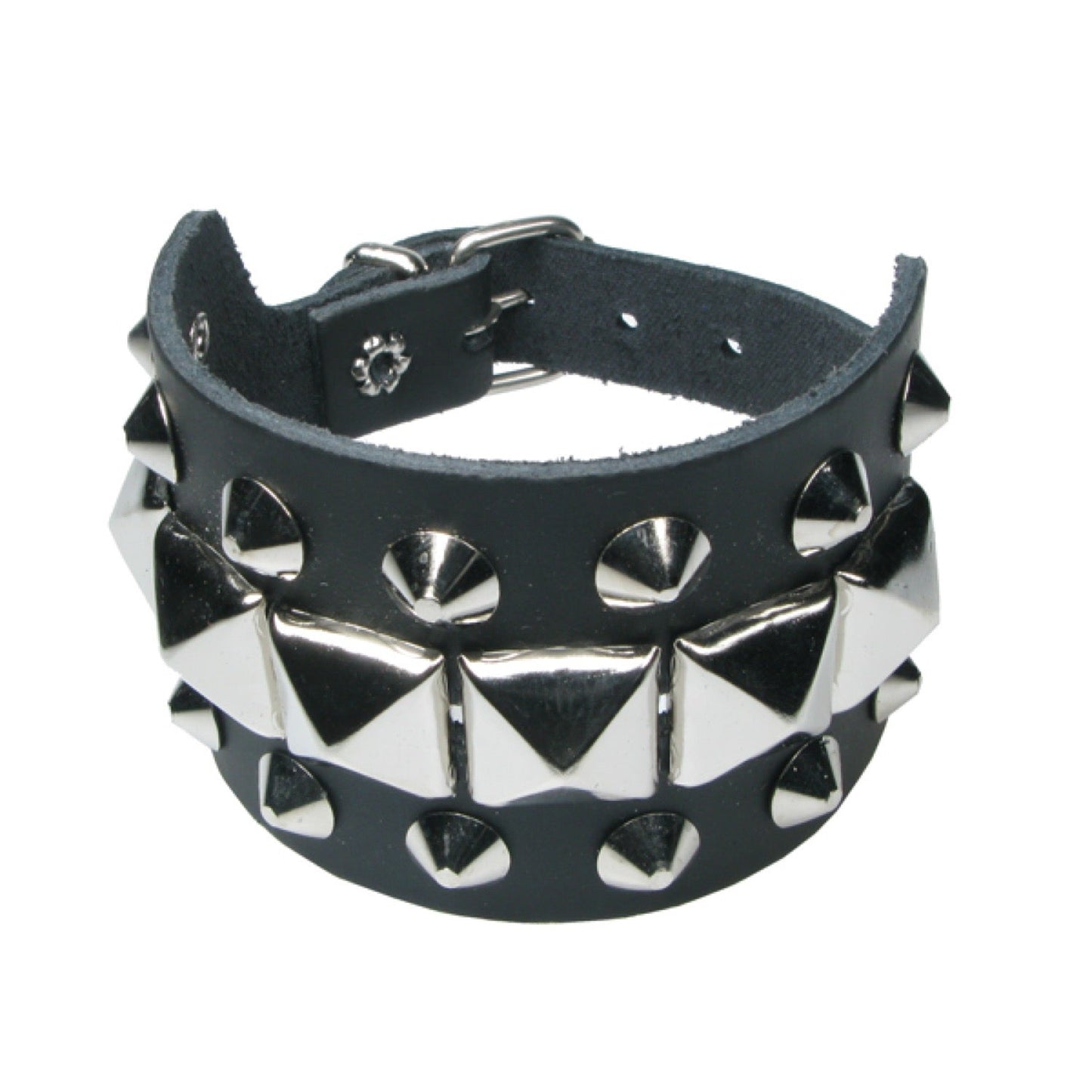 WB691 3 Row Conical and Pyramid Leather Wristband - Black Leather Wristband