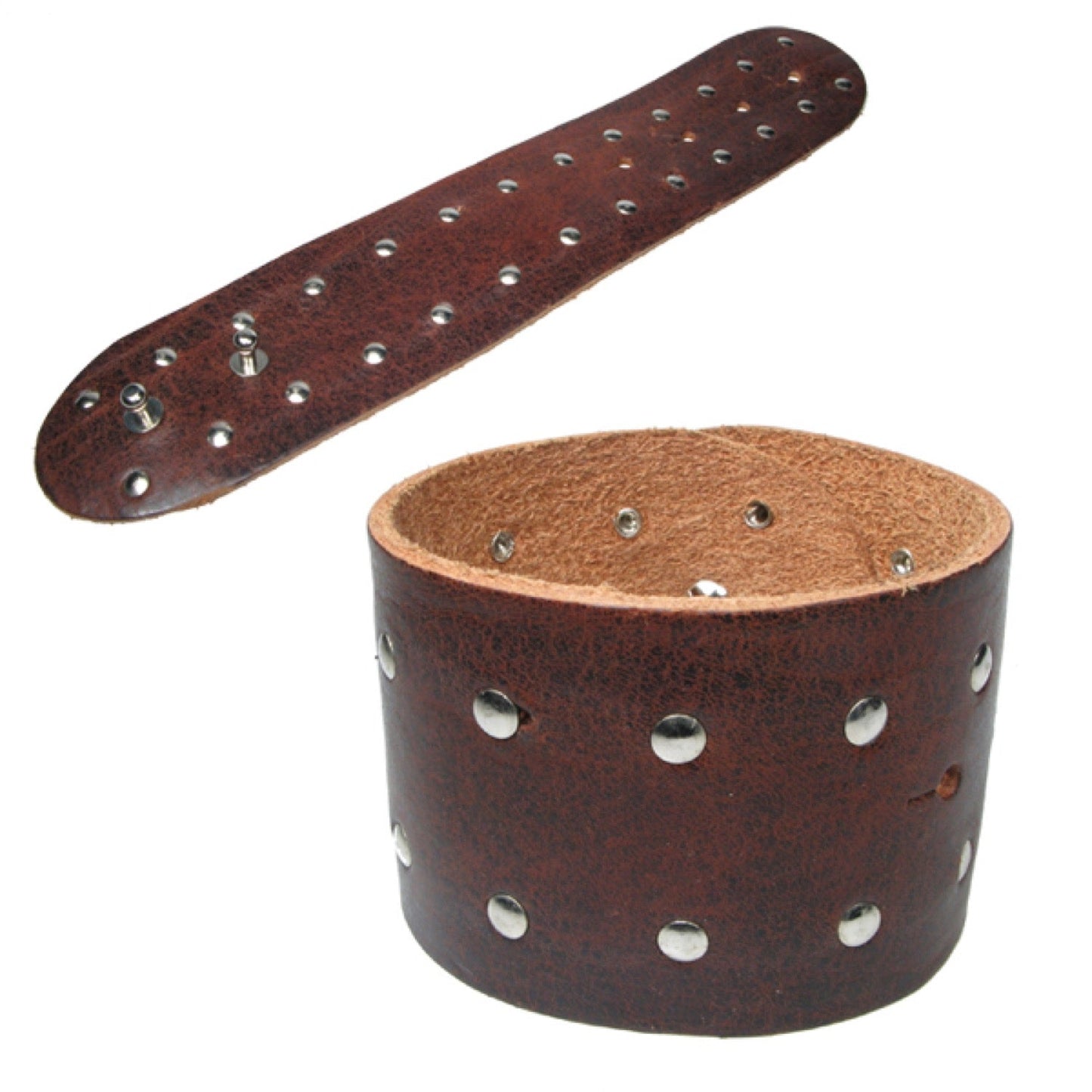 WB692 3 Row width 2 Row rivet Leather Wristband (Riveted) - Brown