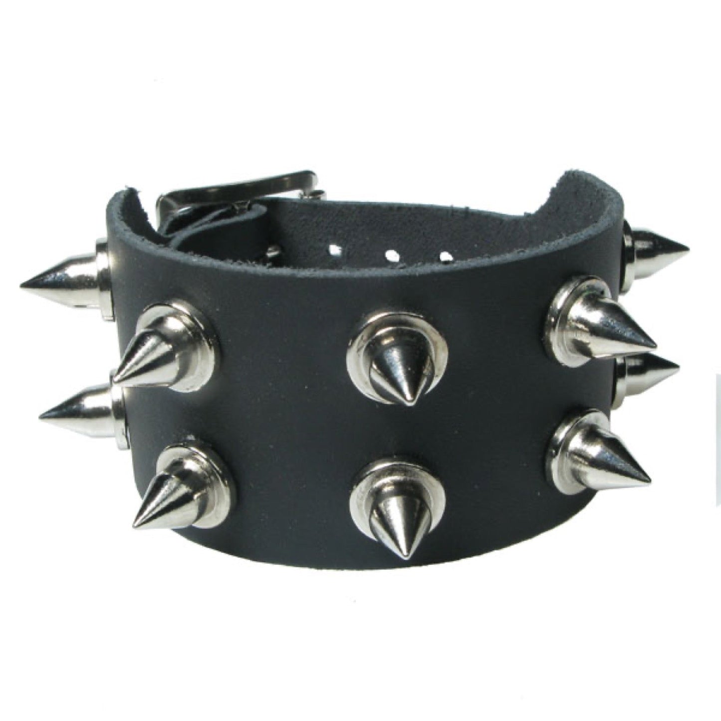 WB714 2 Row Spike Stud with Round Bottom - Black Leather Wristband