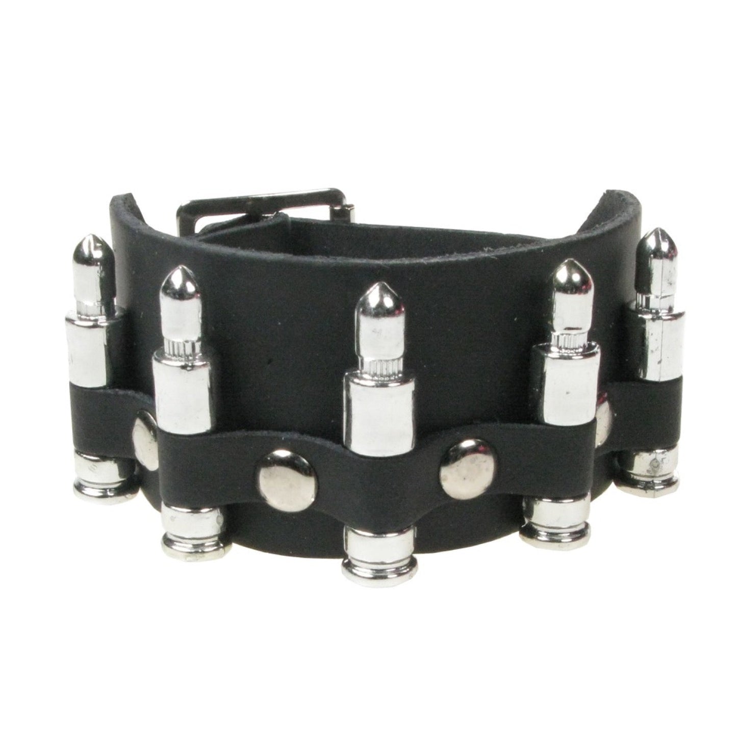 WB748 2 Row Bullet Leather Wristband - Black Leather Wristband