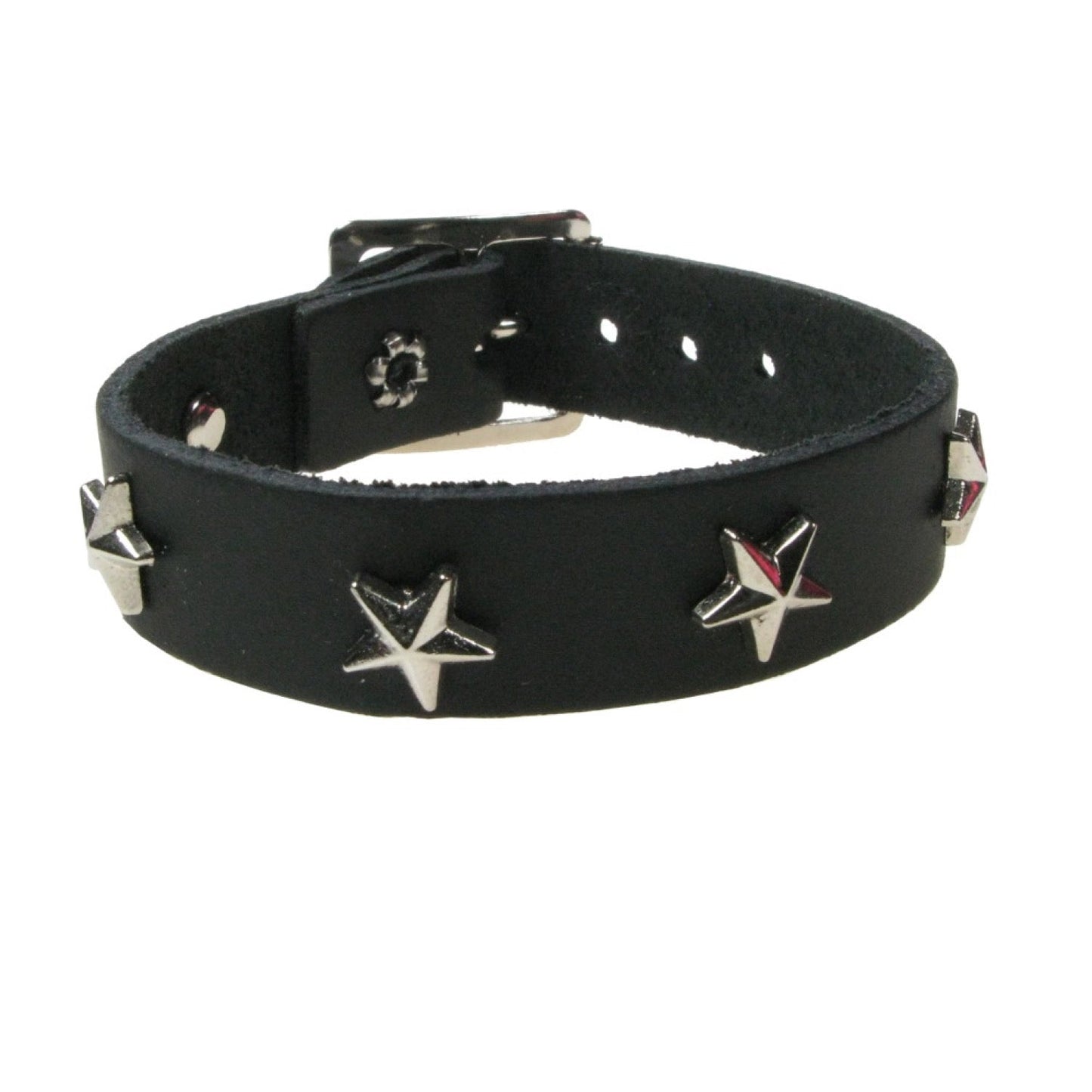 WB754 1 ROW STAR FITTING SILVER - Black Leather Wristband