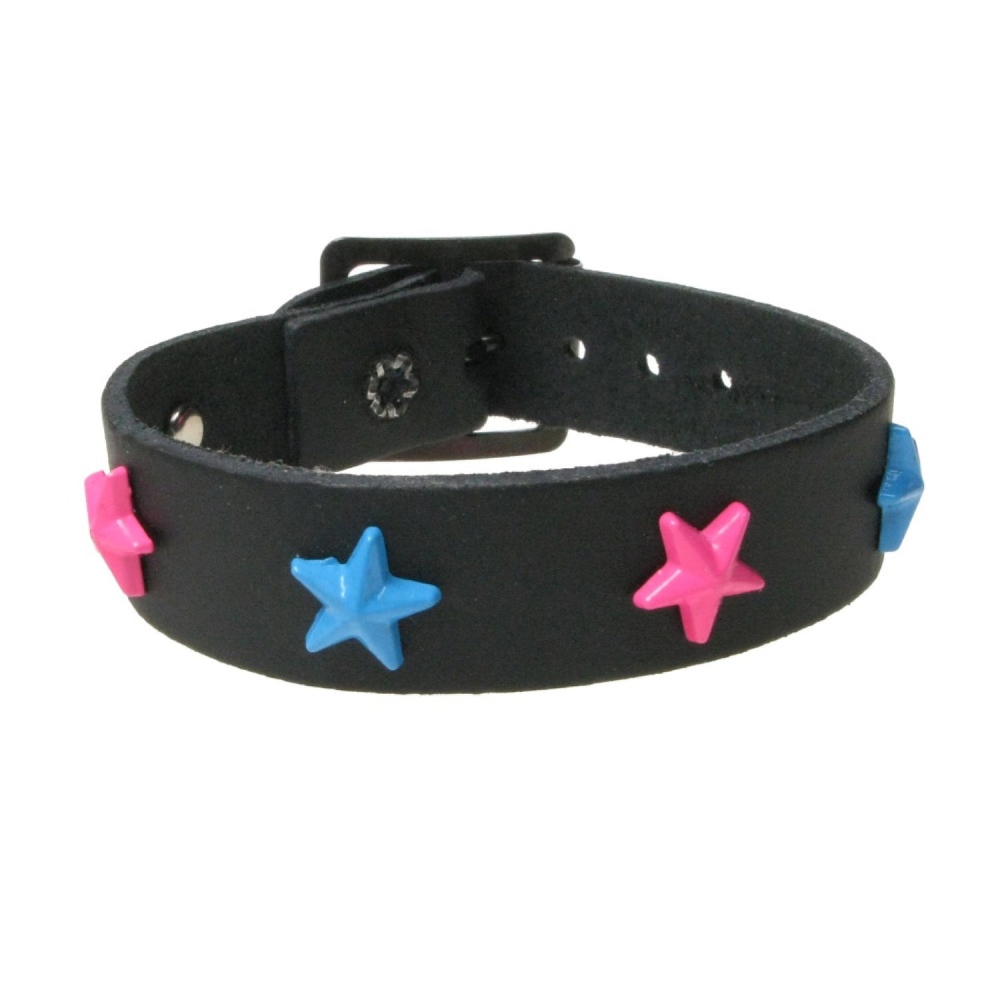 WB760 1 ROW STAR FITTING BLUE & PINK - BLACK Leather Wristband
