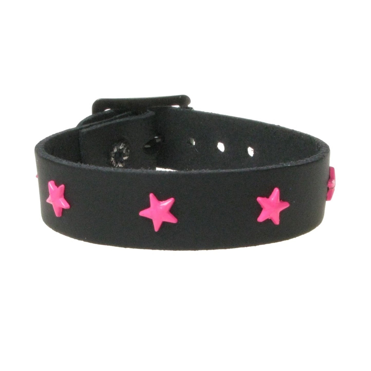 WB763 1 ROW SMALL STAR FITTING PINK - BLACK Leather Wristband