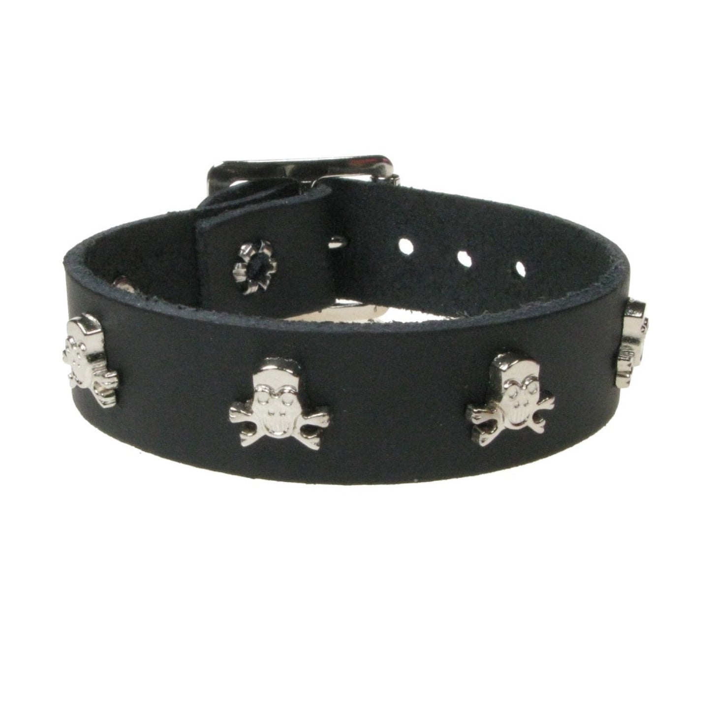 WB767 1 ROW SKULL & CROSSBONES FITTING SILVER - Black Leather Wristband