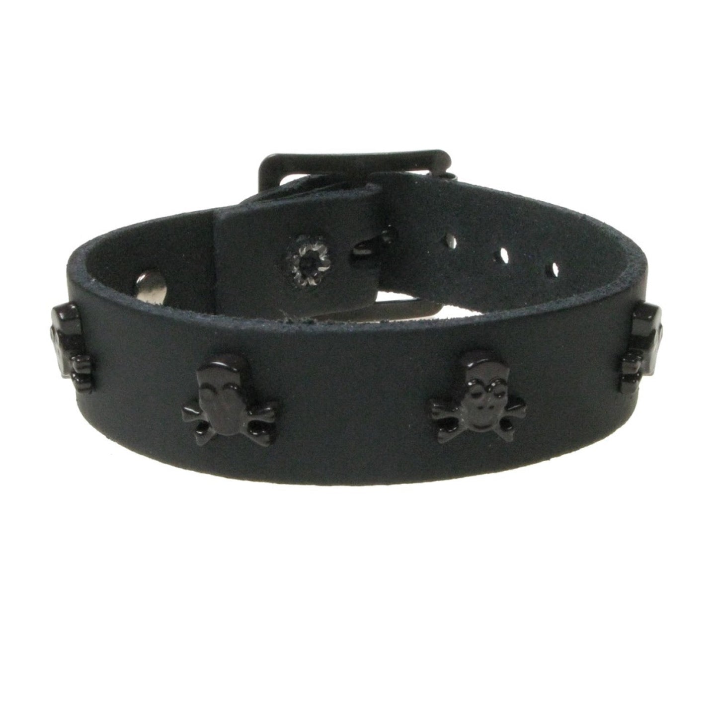 WB768 1 ROW SKULL & CROSSBONES FITTING - Black Leather Wristband