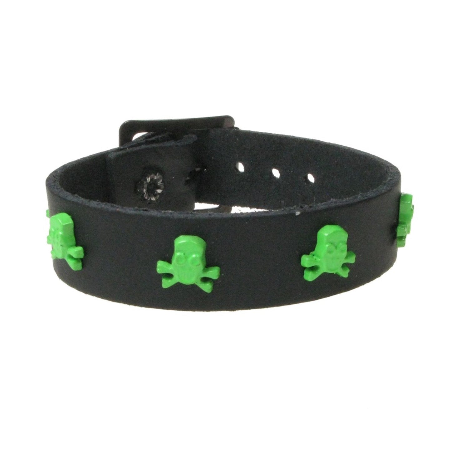 WB770 1 ROW SKULL & CROSSBONE FITTING GREEN - BLACK Leather Wristband