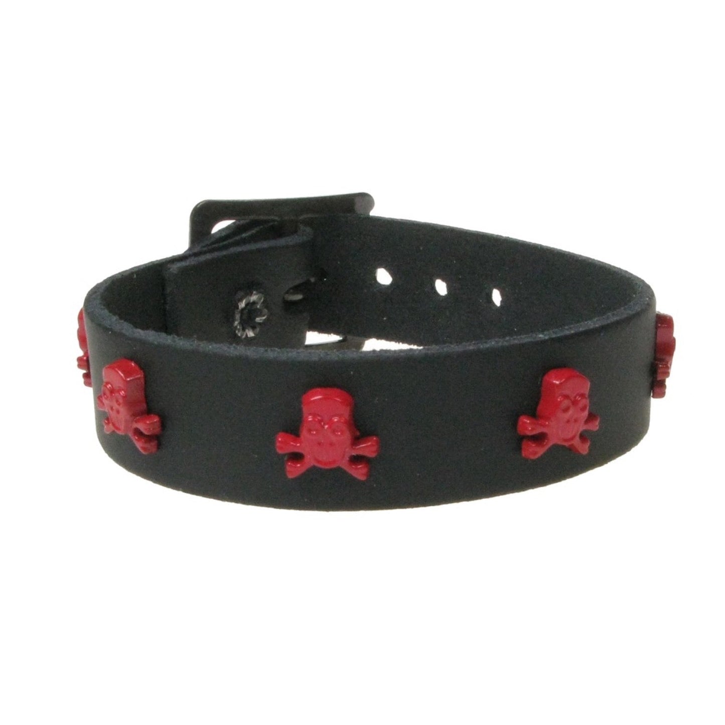 WB771 1 ROW SKULL & CROSSBONE FITTING RED - BLACK Leather Wristband