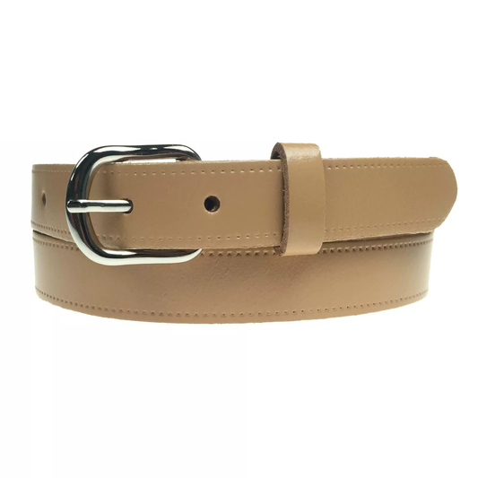 1" (25mm) Beige Leather Belt Curved Silver Buckle