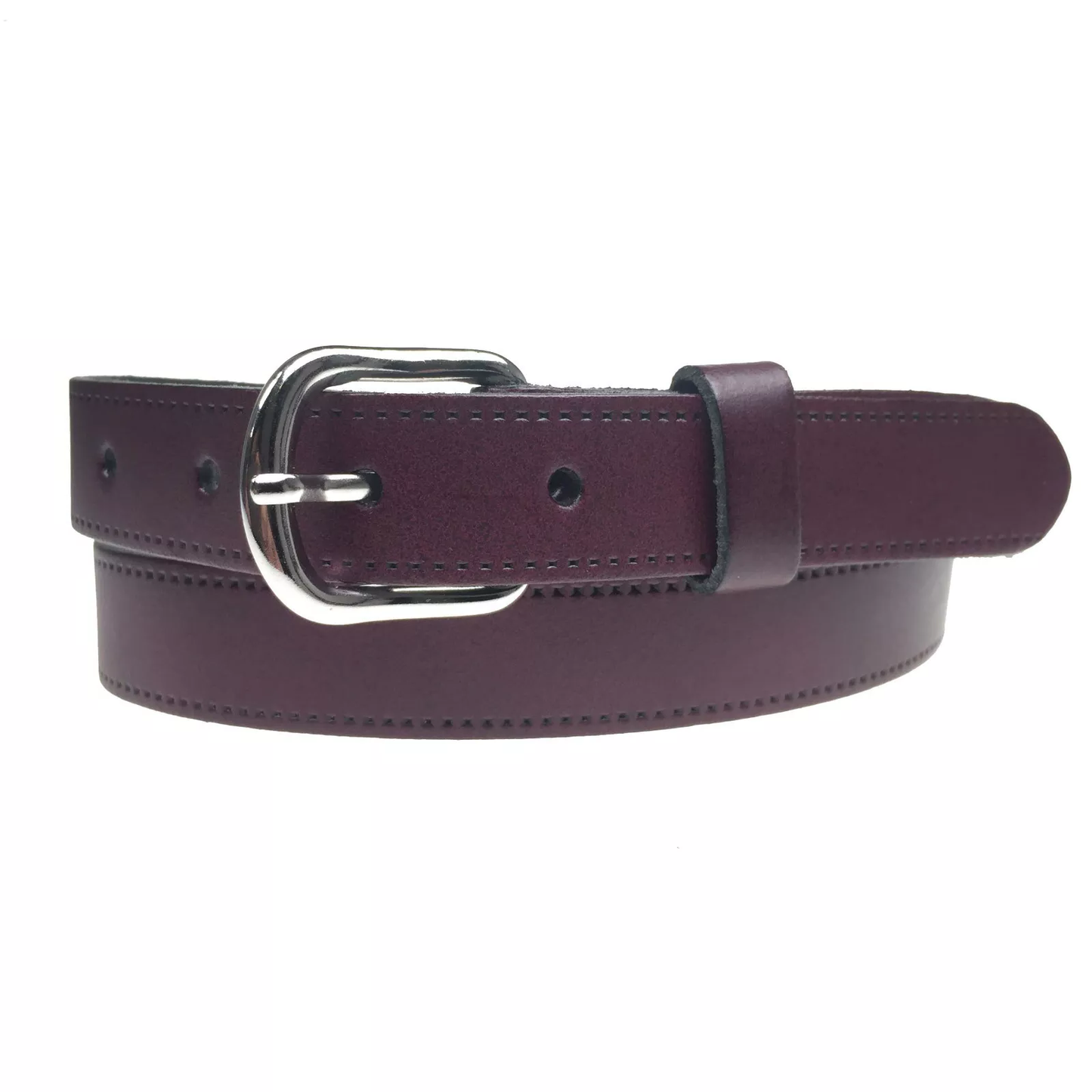 1" (25mm) Burgundy Leather Belt Curved Silver Buckle