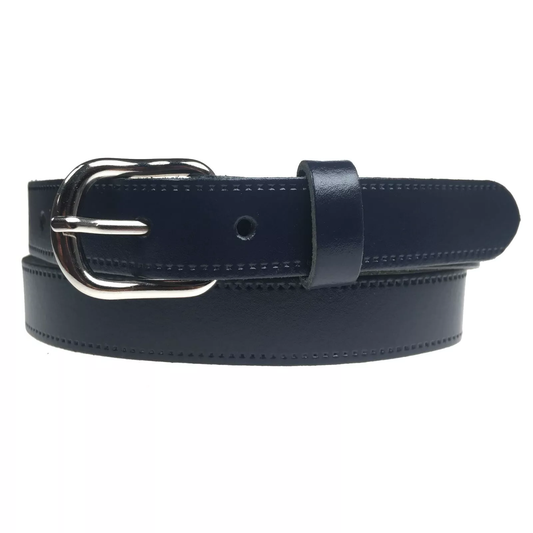 1" (25mm) Navy Leather Belt Curved Silver Buckle