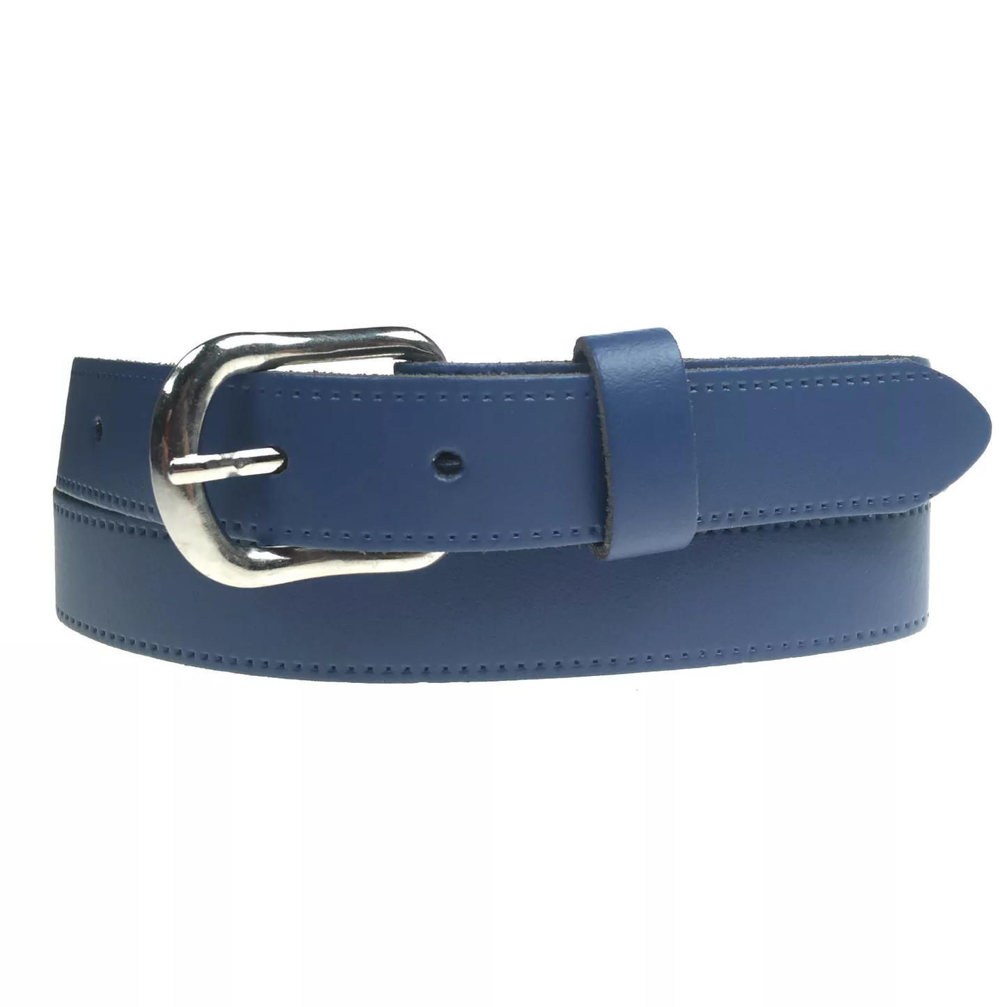 1" (25mm) Royal Blue Leather Belt Curved Silver Buckle