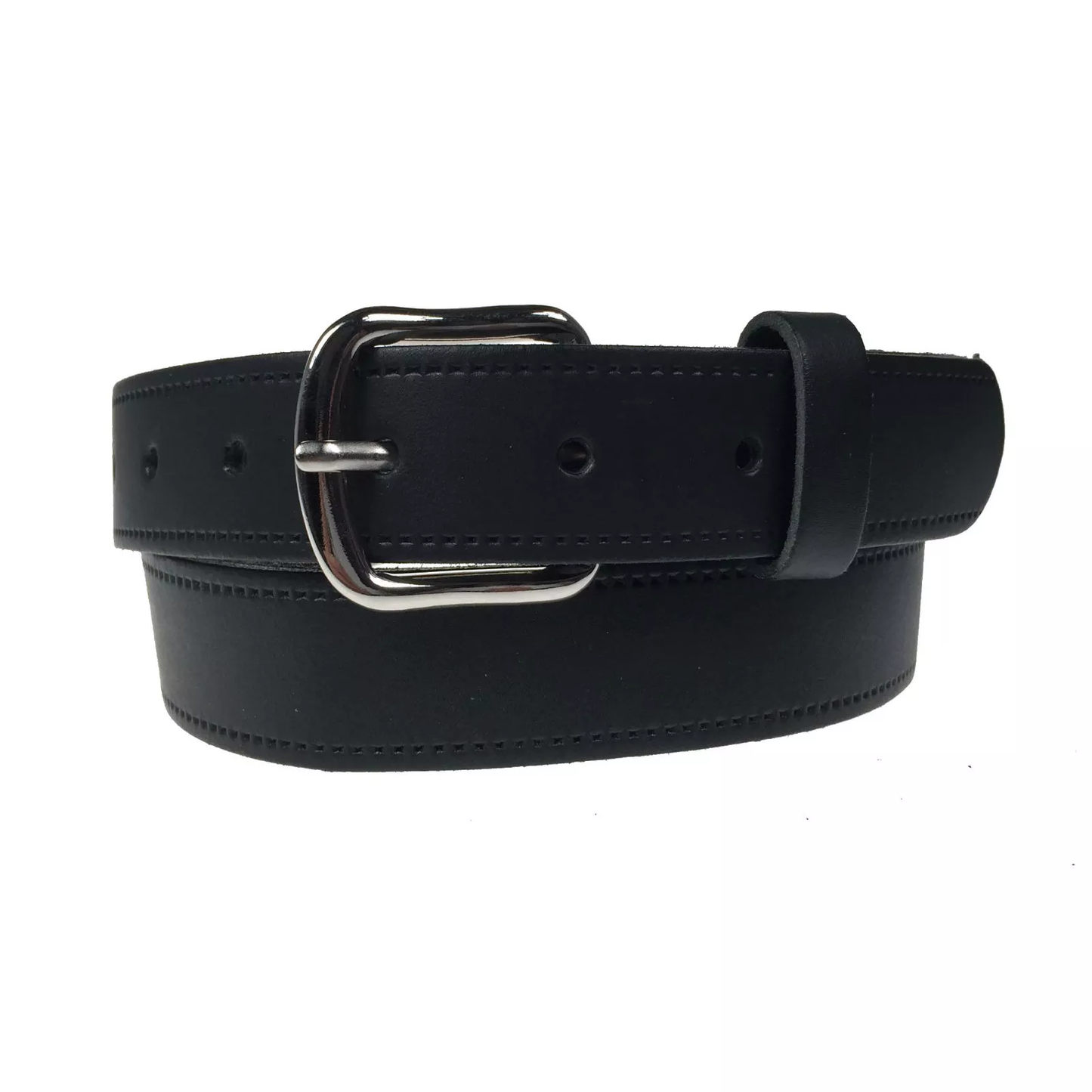 1.25" (30mm) Black Leather Belt Curved Silver Buckle