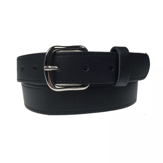 1.25" (30mm) Black Leather Belt Curved Silver Buckle