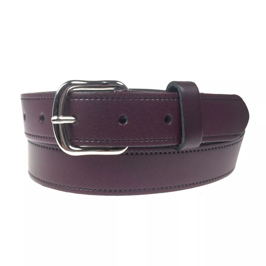 1.25" (30mm) Burgundy Leather Belt Curved Silver Buckle