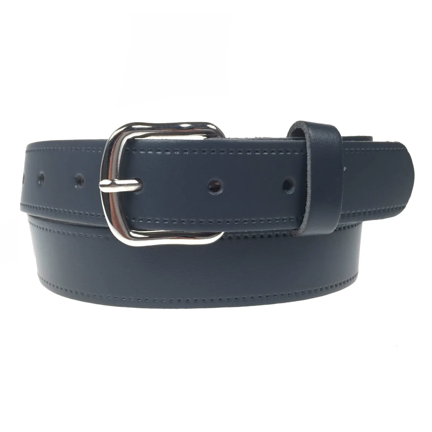 1.25" (30mm) Navy Leather Belt Curved Silver Buckle