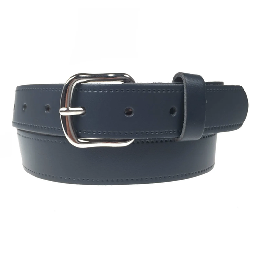 1.25" (30mm) Navy Leather Belt Curved Silver Buckle