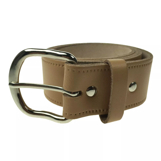 1.5" (38mm) Beige Leather Belt Curved Silver Buckle