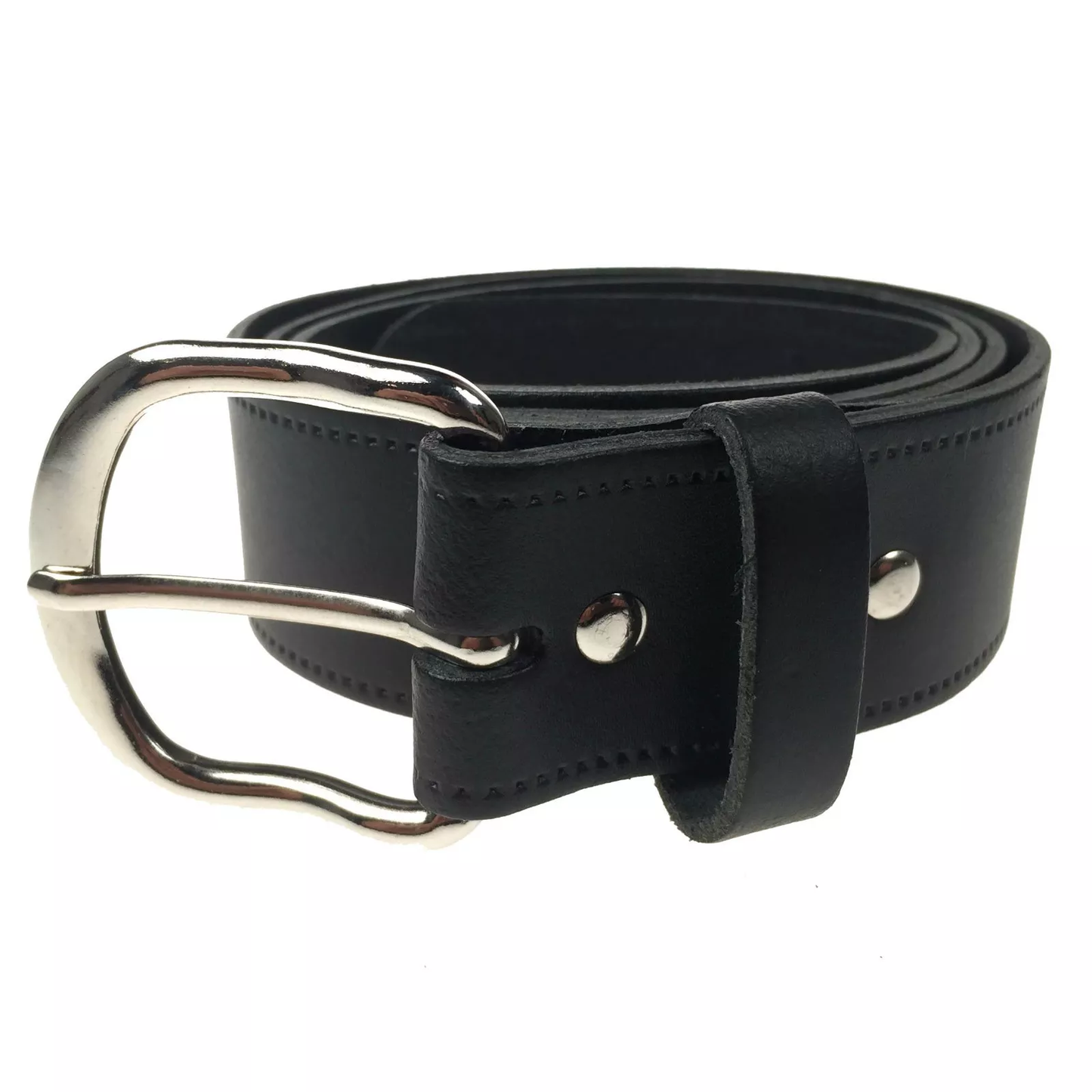 1.5" (38mm) Black Leather Belt Curved Silver Buckle