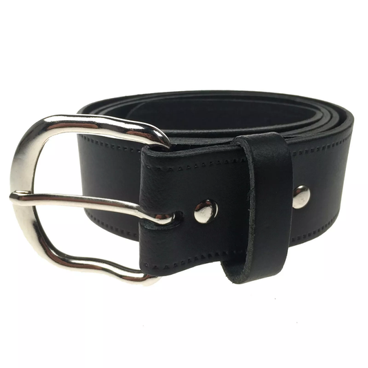 1.5" (38mm) Black Leather Belt Curved Silver Buckle