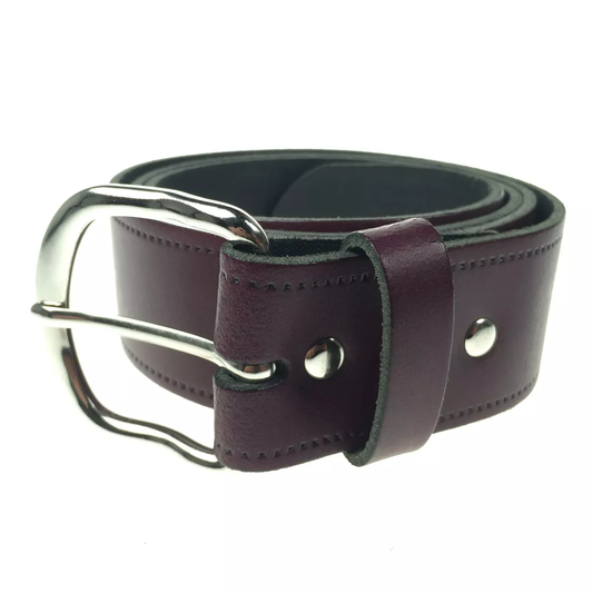 1.5" (38mm) Burgundy Leather Belt Curved Silver Buckle