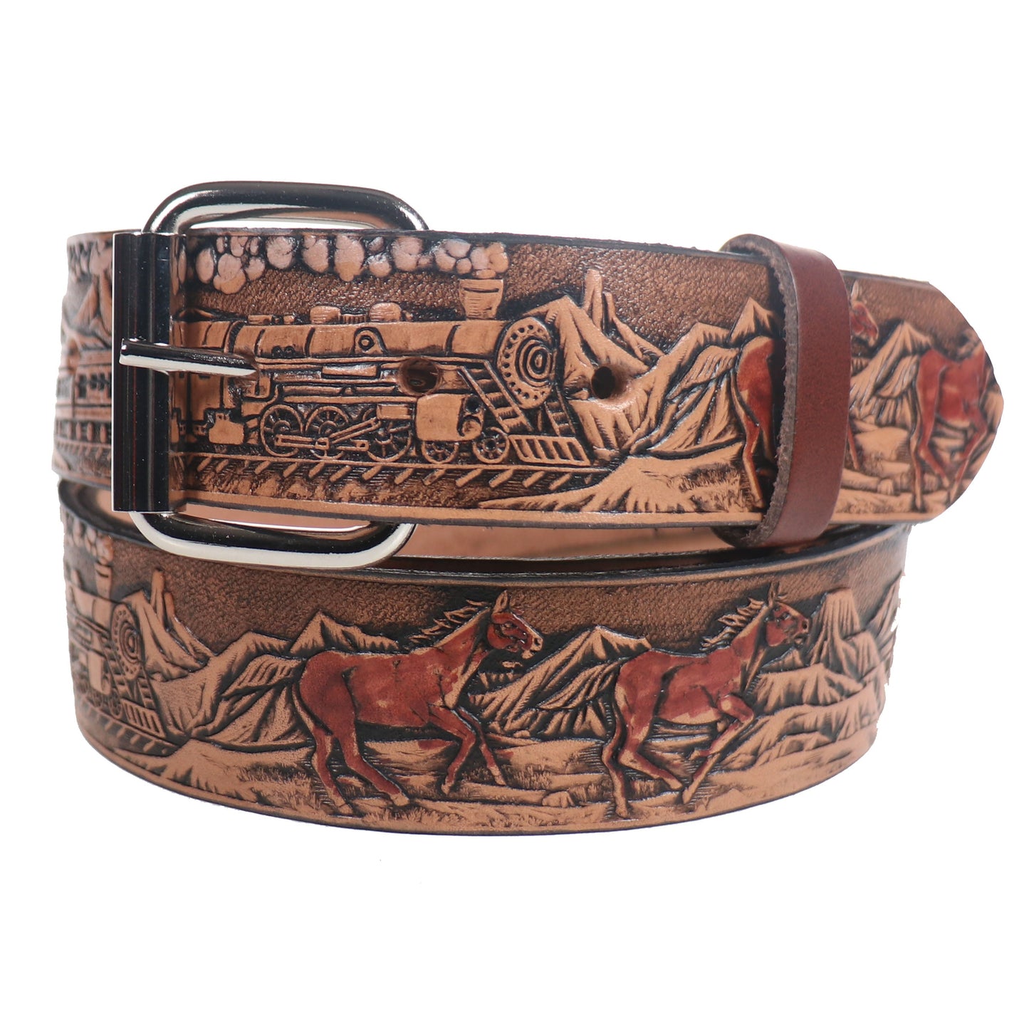 B910 TRAINS/ HORSES Leather Belt 38mm AMERICAN BELT