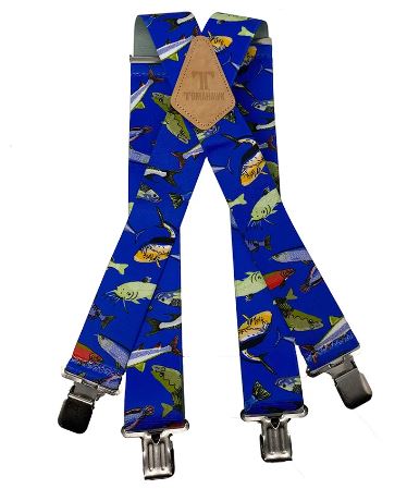 Fishermans Mixed Fish Blue 2" Wide Suspenders Extra Strong Made in America