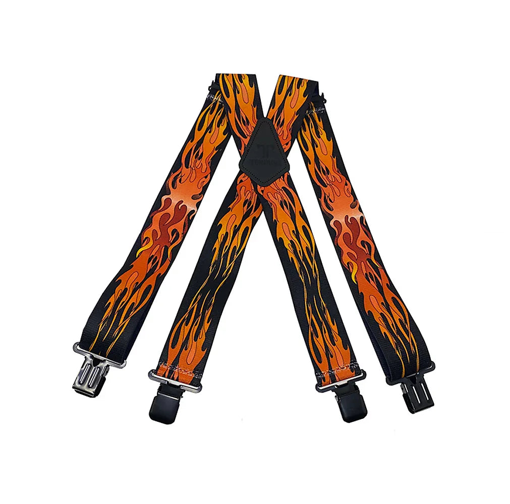 Flames Red  2" Wide Suspenders Extra Strong Made in America